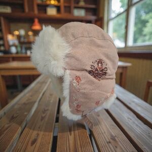 Embroidered Tan and White Rabbit Fur Aviator Hat